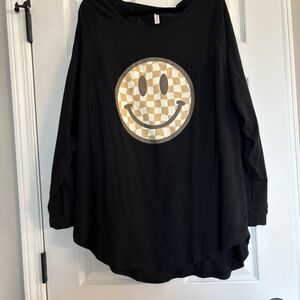 Black Long Sleeve Top with Checkered Smiley Face